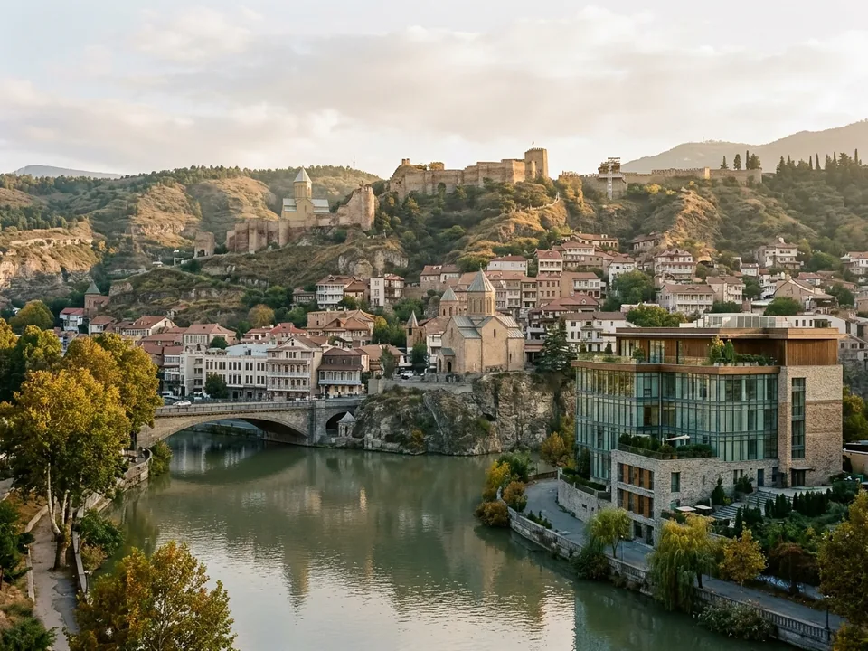 A modern clinic building on the river in Tbilisi below Narikala fortress