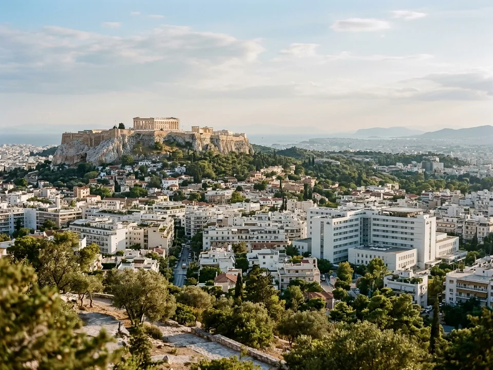 A modern hospital building in Athens with the Acropolis on the hill behind