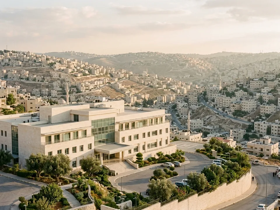 A modern hospital building on the stone hillsides of Amman