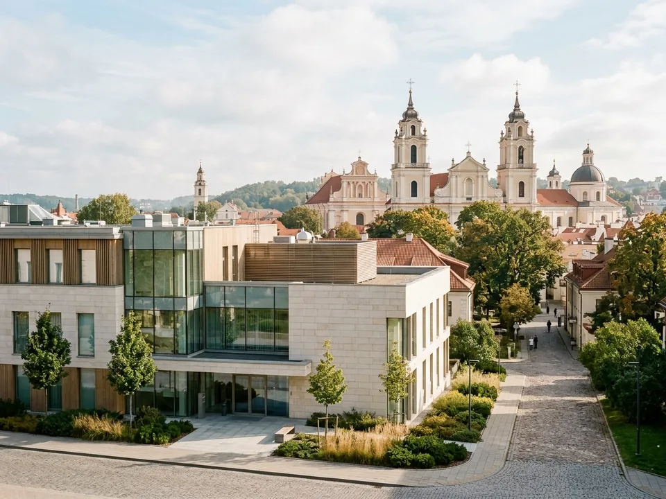 A modern clinic building in Vilnius with the old town's church towers behind
