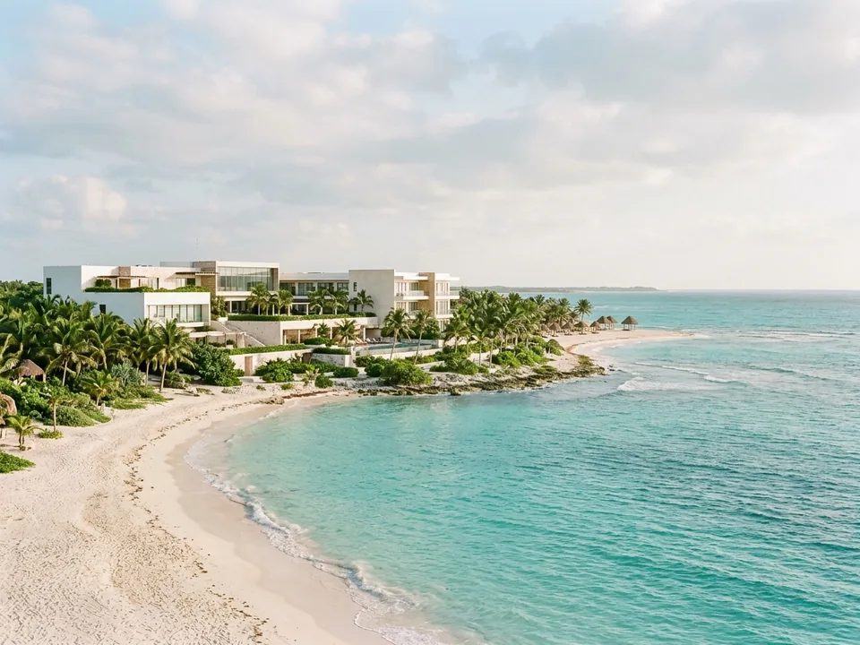 A modern hospital building with palm trees on Mexico's Caribbean coast