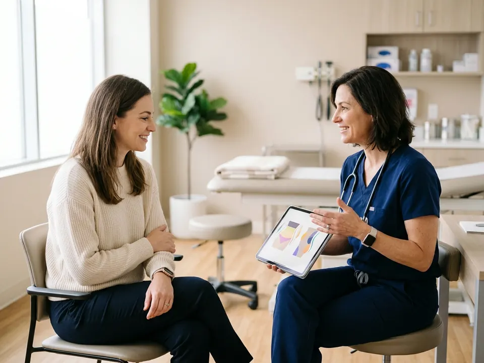 A cosmetic surgeon consulting with a patient using a tablet in a bright clinic room.