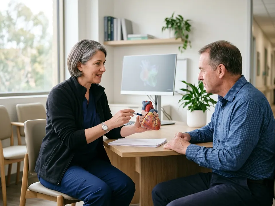 A cardiac surgeon consulting with a patient about heart ablation procedure options.