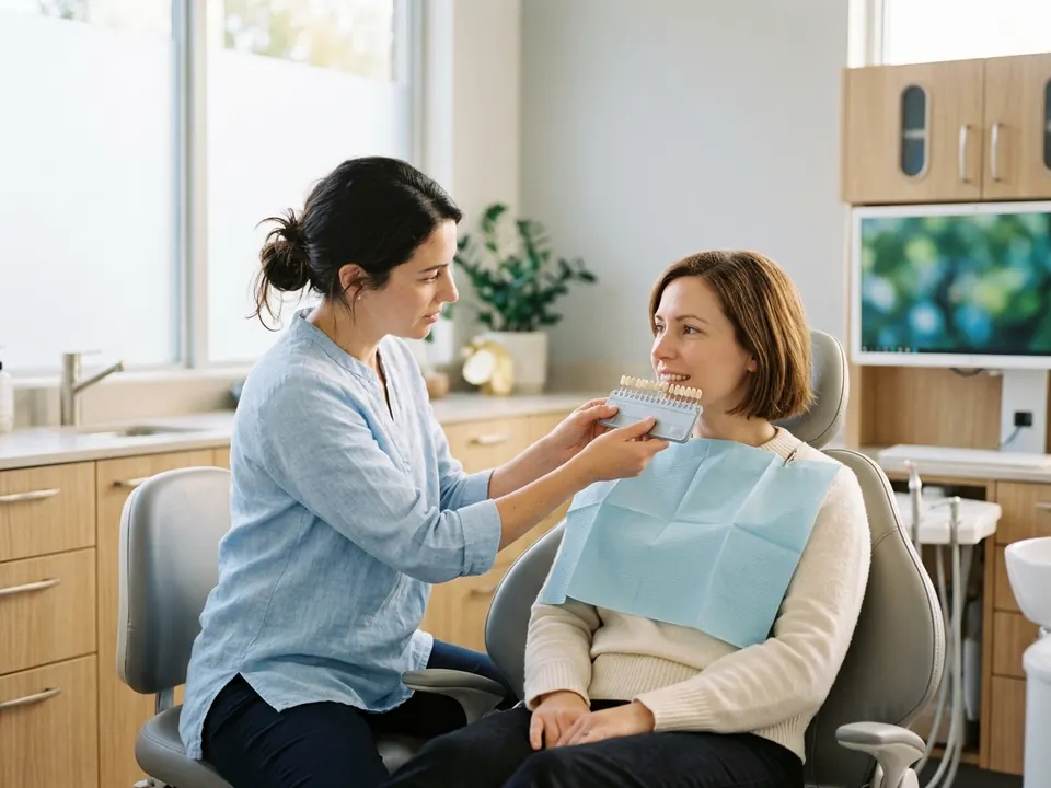 A dentist holding a tooth shade guide near a smiling patient's mouth.