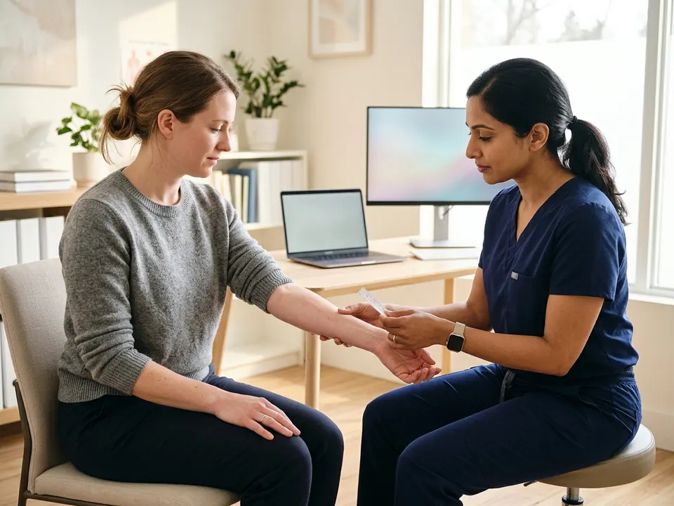 An allergist checking a patient's forearm during a skin patch test evaluation.