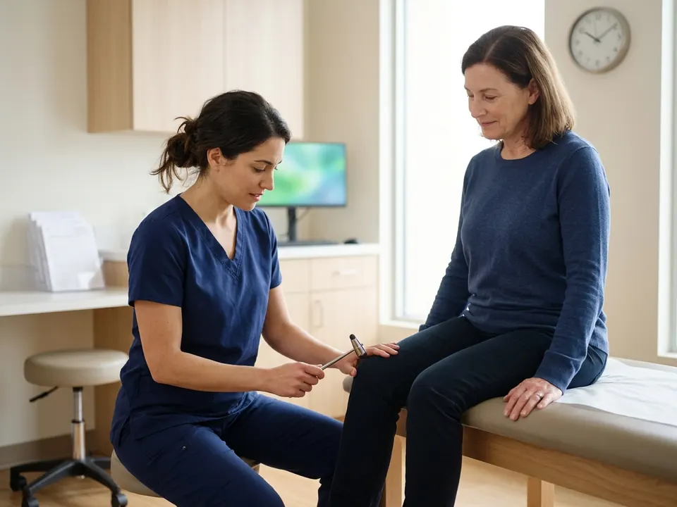 A neurologist testing a patient's knee reflexes using a reflex hammer in an exam room.