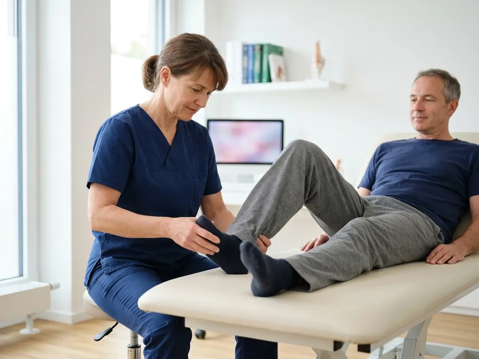 An orthopedic doctor evaluating a patient's foot and ankle flexibility.