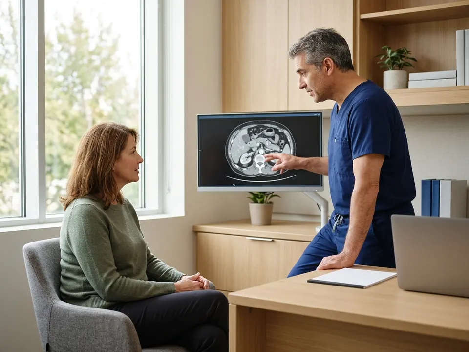 A vascular surgeon discussing CT scan results with a patient in a medical office.