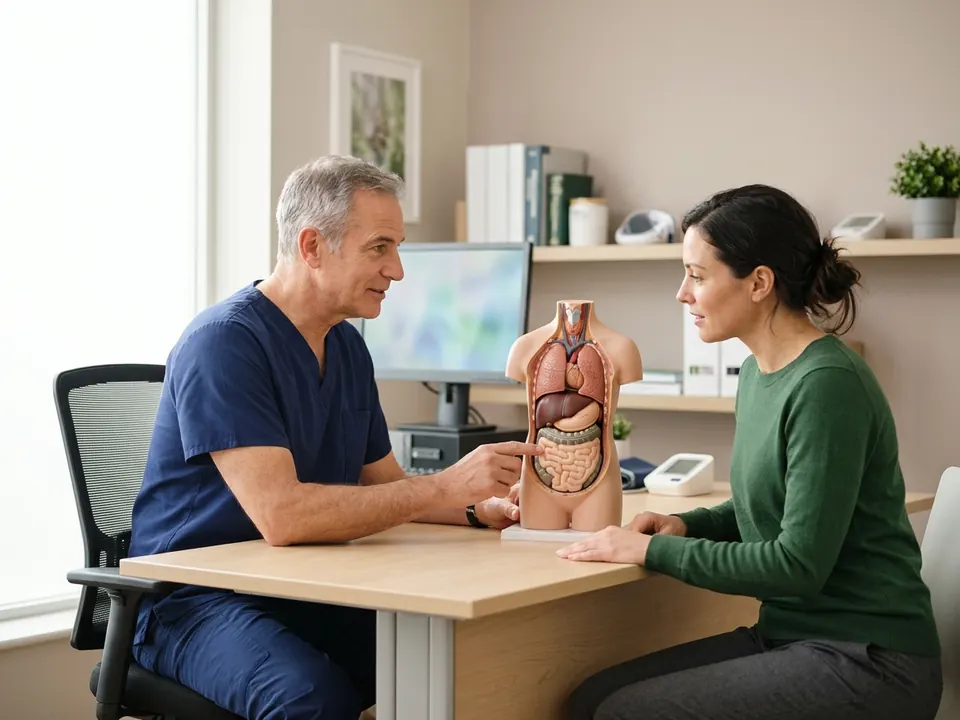 A surgeon using a torso anatomical model to explain abdominal surgery to a patient.