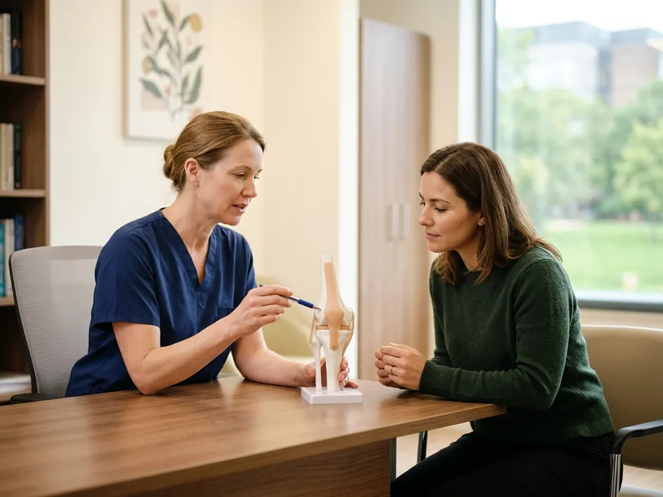 A surgeon explaining joint mechanics using a medical model to a patient in a consultation room.
