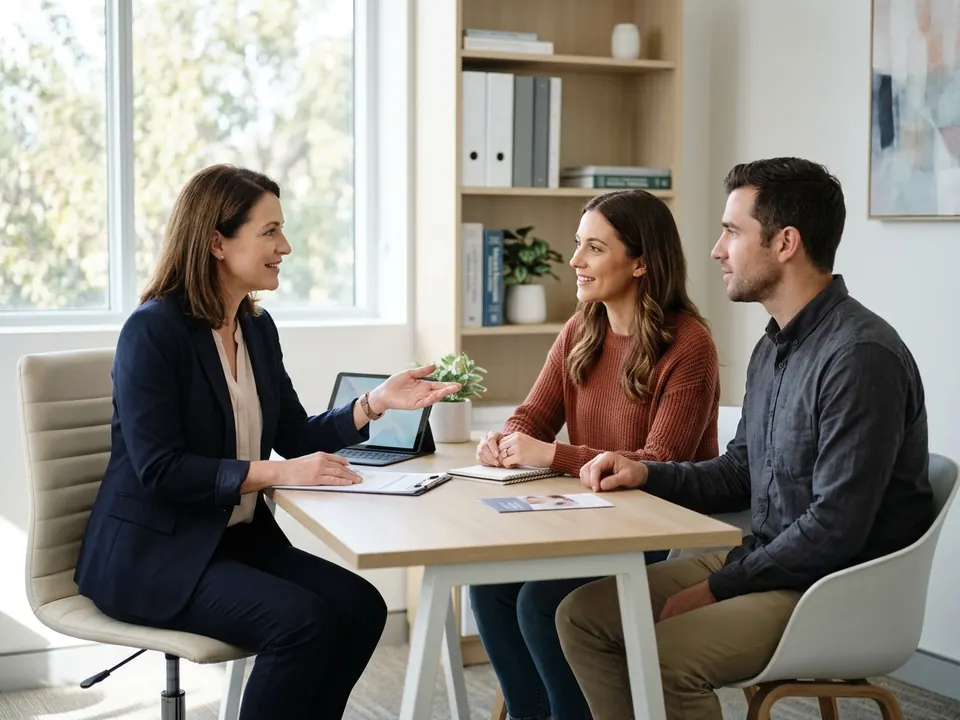 A fertility specialist consulting with a couple in a modern medical office.