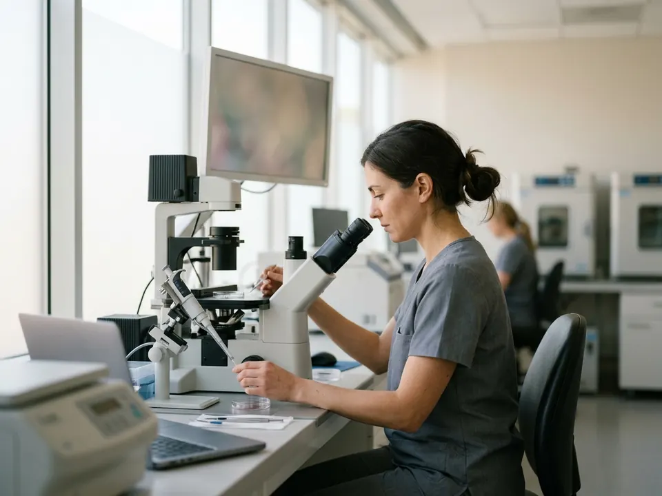 An embryologist working with a micro-pipette system inside a modern IVF lab.