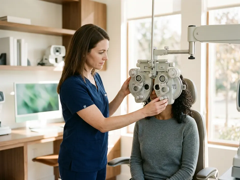 An eye specialist performing a refraction vision exam on a patient using a phoropter device.