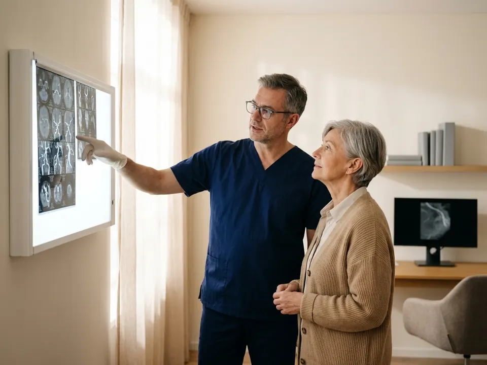 A cardiovascular doctor reviewing blood vessel scans with a patient in a bright consultation office.