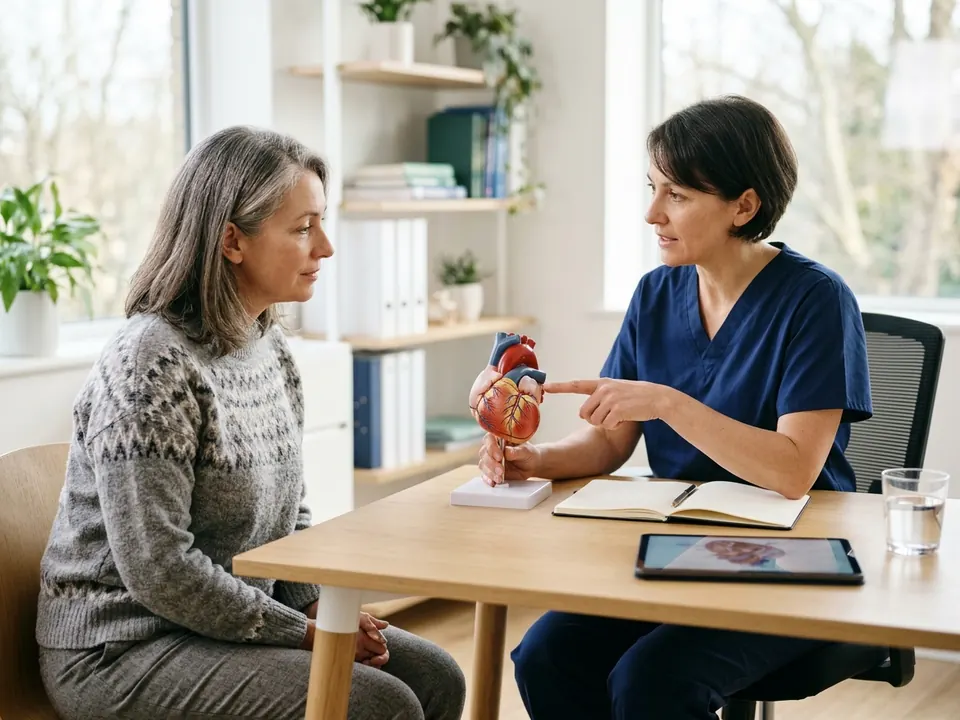 A cardiologist explaining a heart structure model to a patient in a clinic.