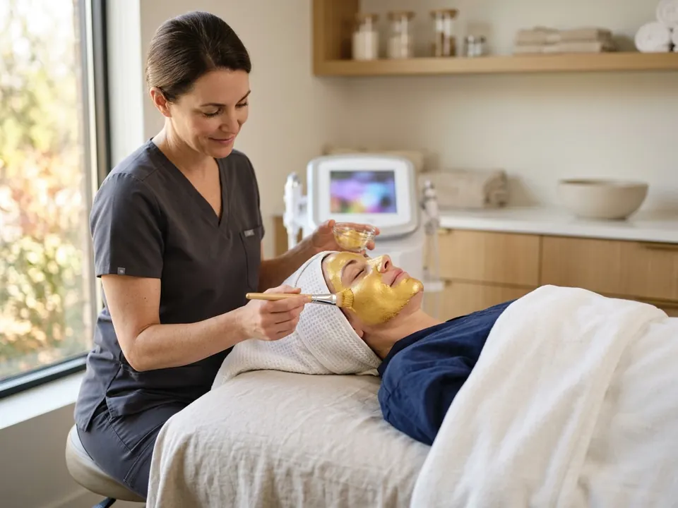 An aesthetician gently applying a soothing facial treatment to a relaxed patient in a skincare clinic.