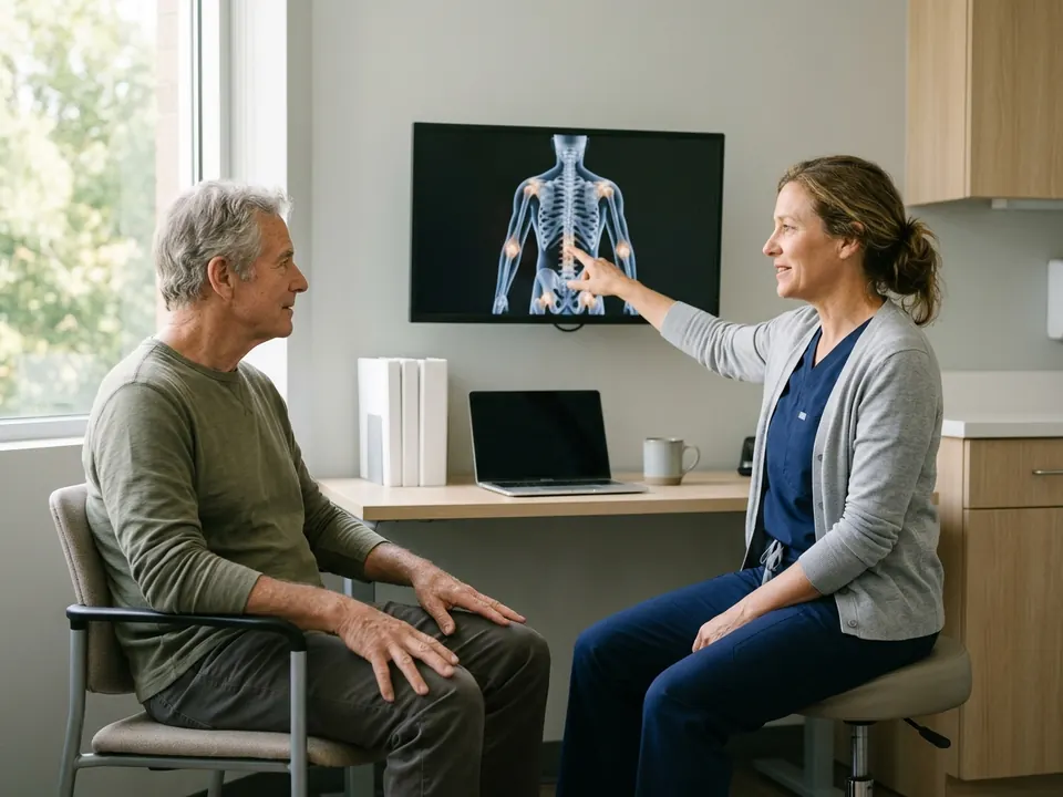 An orthopedic specialist explaining bone X-ray scans to a patient in an examination room.