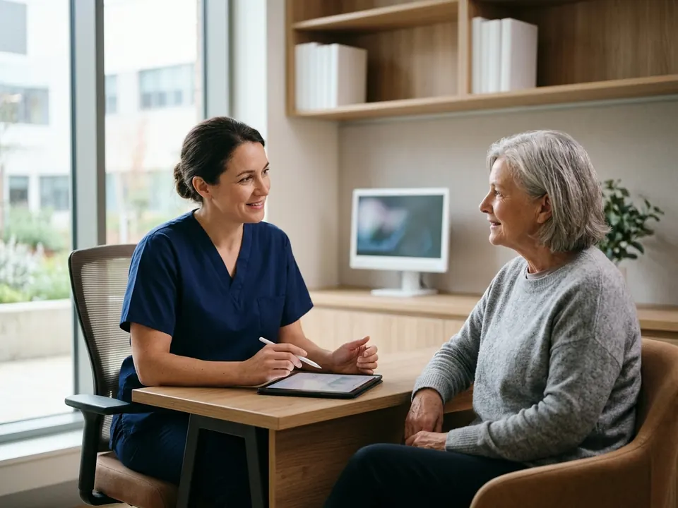 A hematologist consulting with a patient in a quiet, modern hospital room.