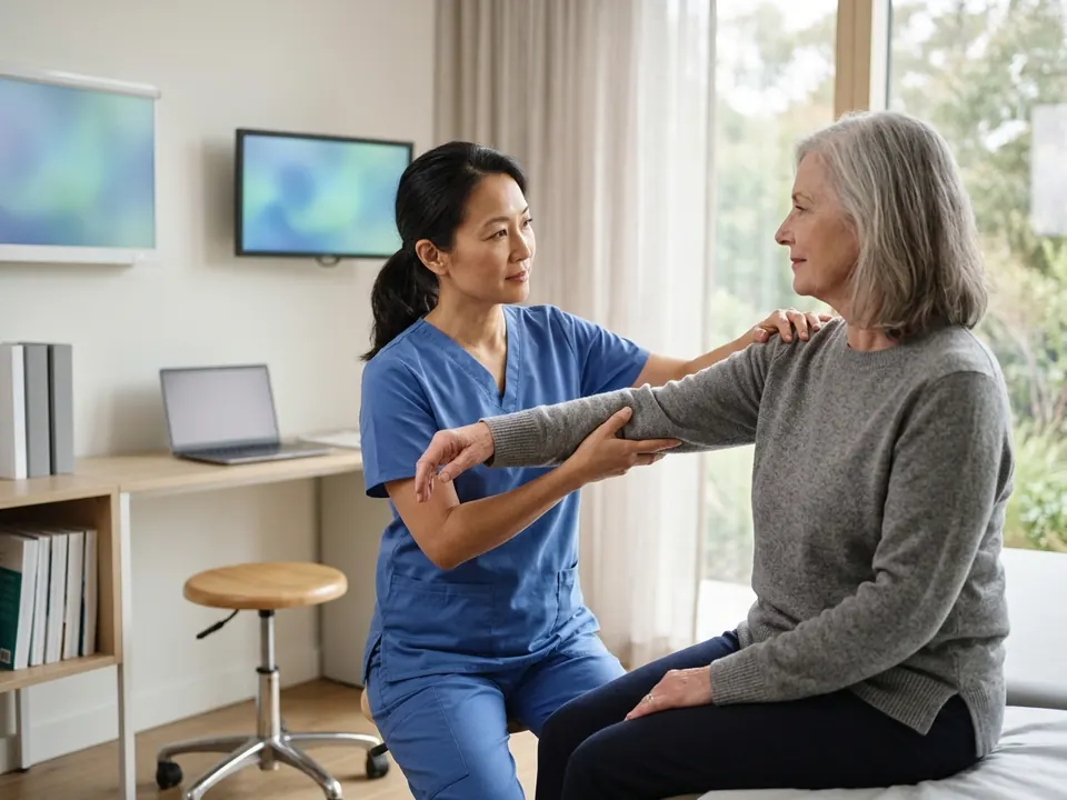 A neurosurgeon assessing a patient's arm and shoulder movement during an exam.