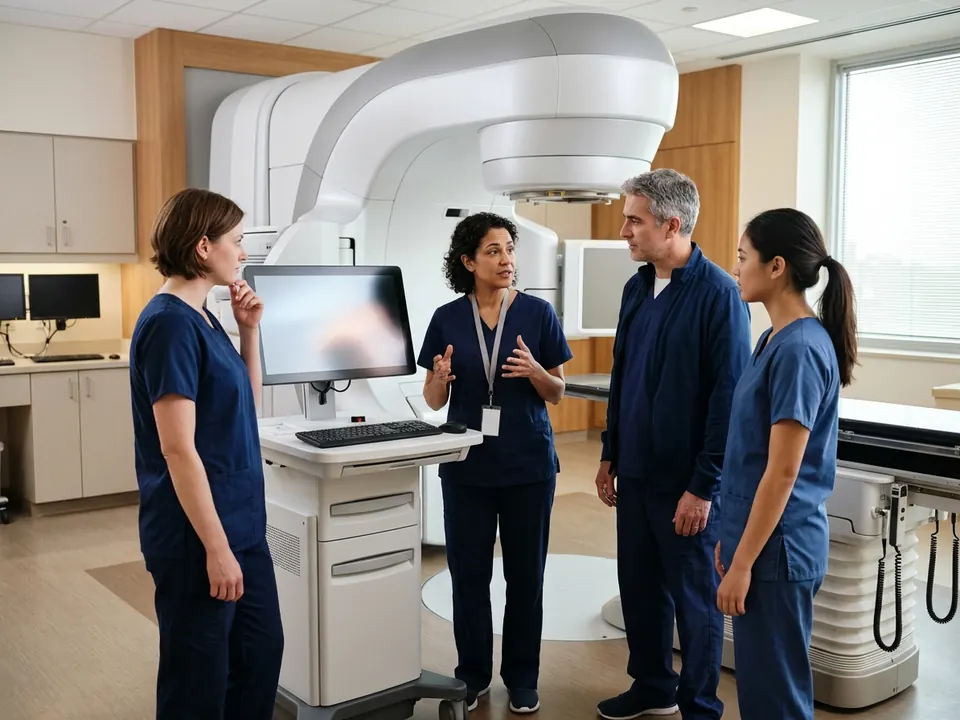 Radiation oncologists near advanced therapy equipment in a modern medical suite.