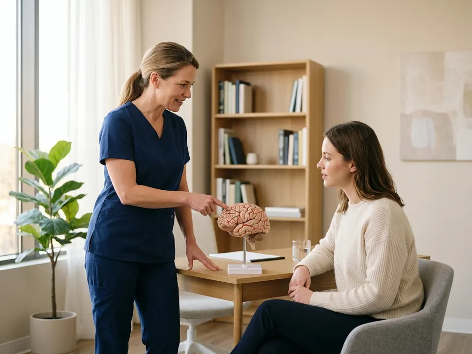 A neurosurgeon holding a anatomical brain model while talking with a patient.