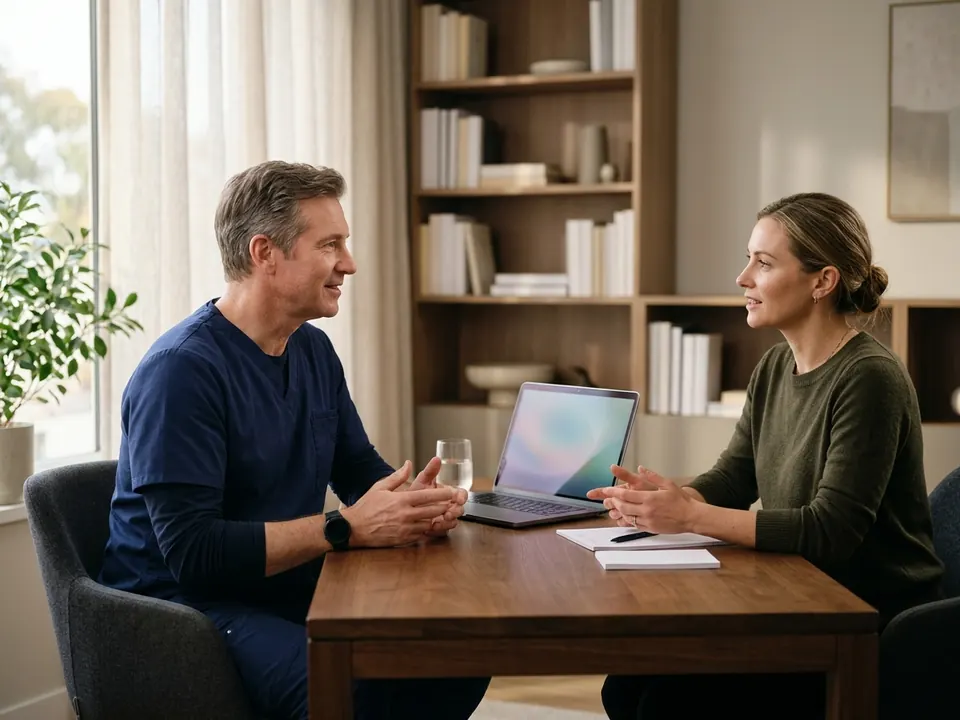 A plastic surgeon discussing procedure goals with a patient in a private office.