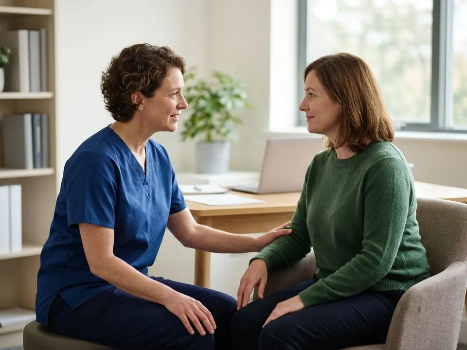 An oncologist holding a patient's hand during a compassionate consultation in an office.