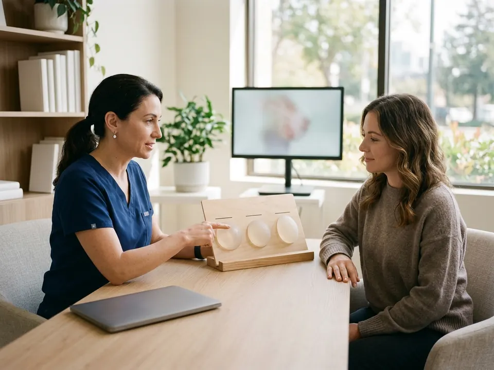 A plastic surgeon explaining sizing options to a patient during a consultation.