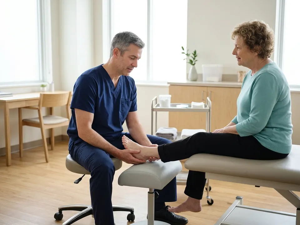 An orthopedic surgeon examining a patient's foot during a podiatry consultation.