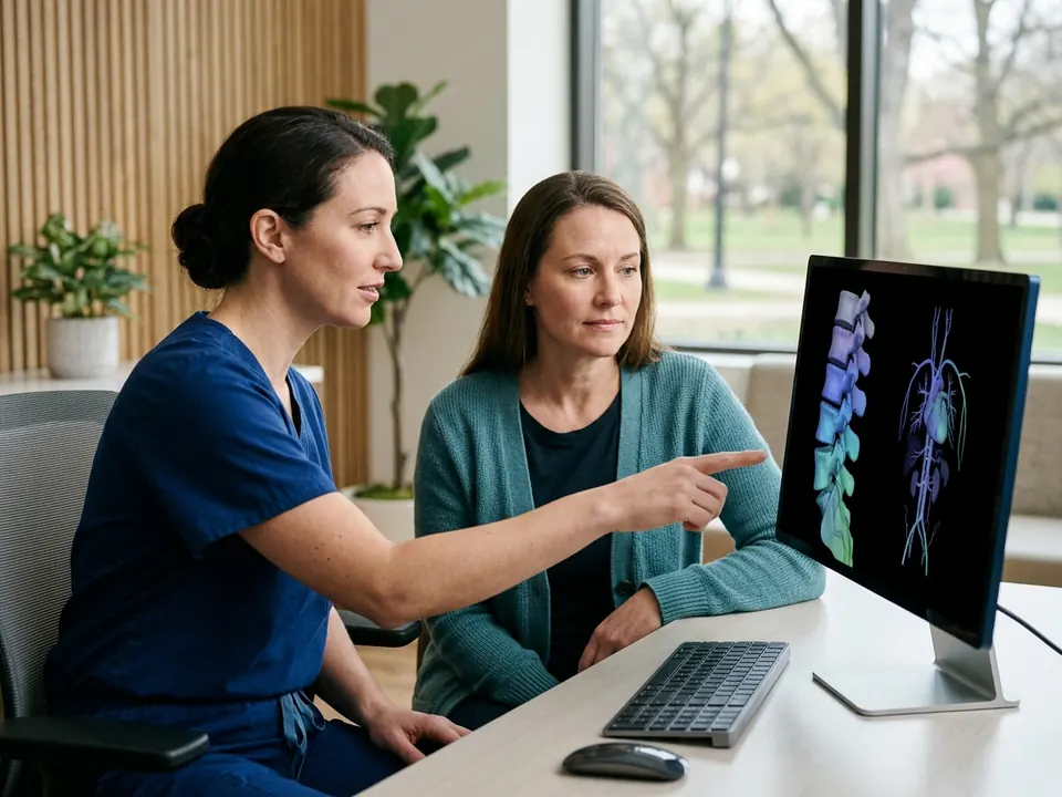 A surgeon and patient reviewing digital 3D body models on a computer monitor.