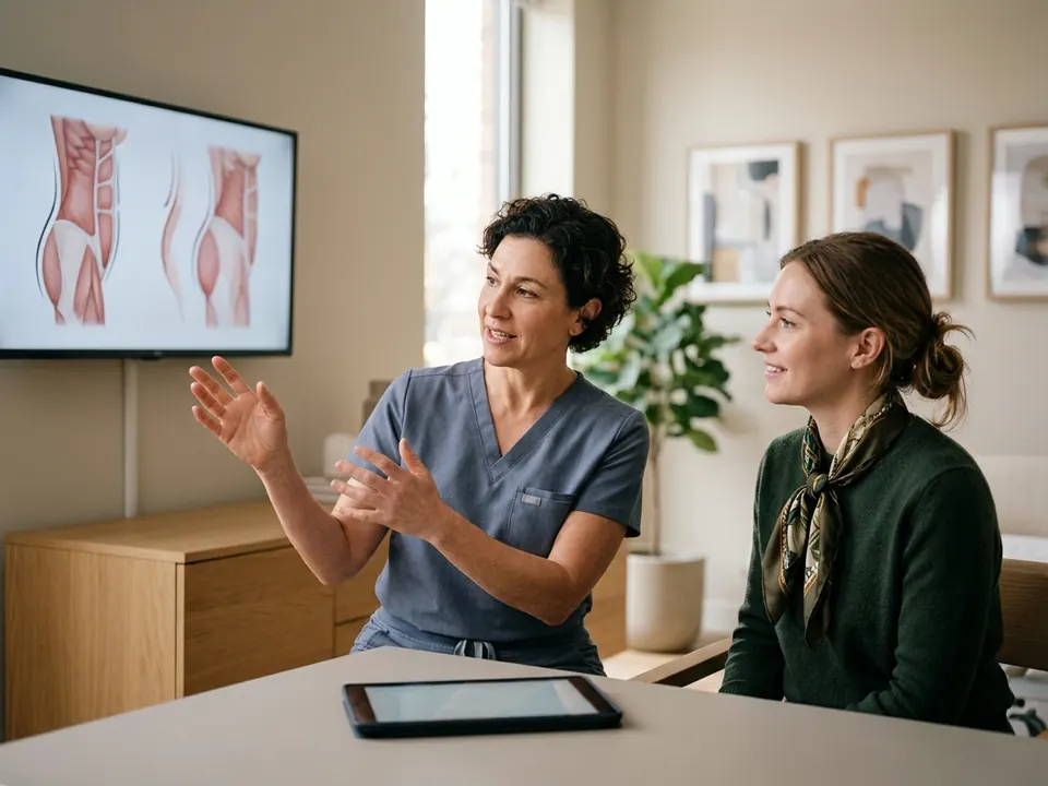 A cosmetic surgeon discussing body contouring procedures with a female patient.