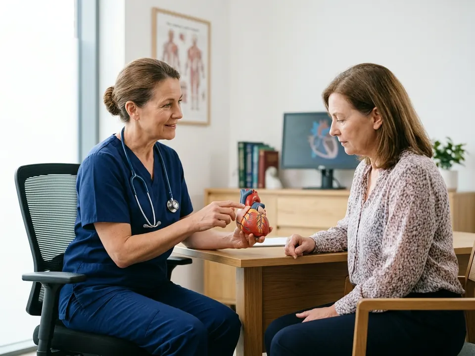A cardiac surgeon explaining a heart model to a patient in a consultation room.