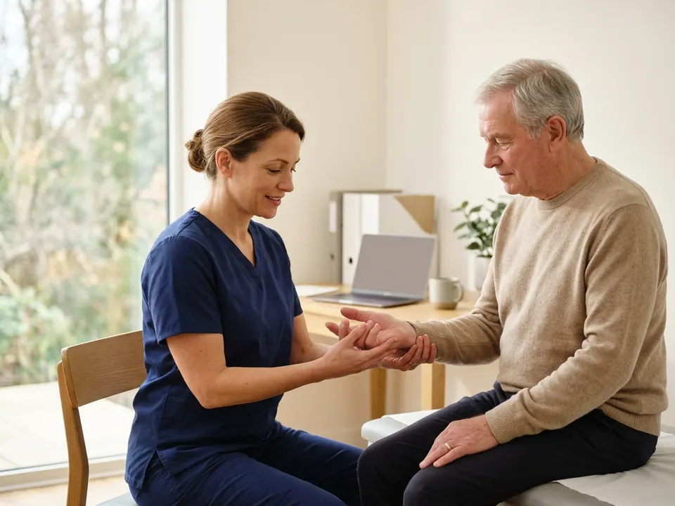 A neurologist examining a patient's wrist and hand in a calm clinical office.