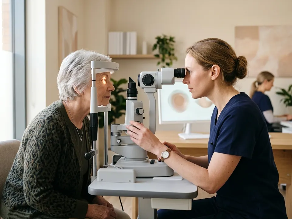 An ophthalmologist examining an elderly patient's eye with a slit lamp in a modern clinic.