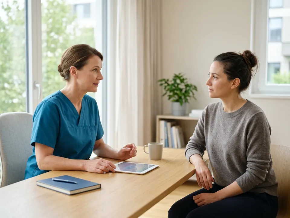 A gynecologist discussing health options with a patient in a bright consultation room.