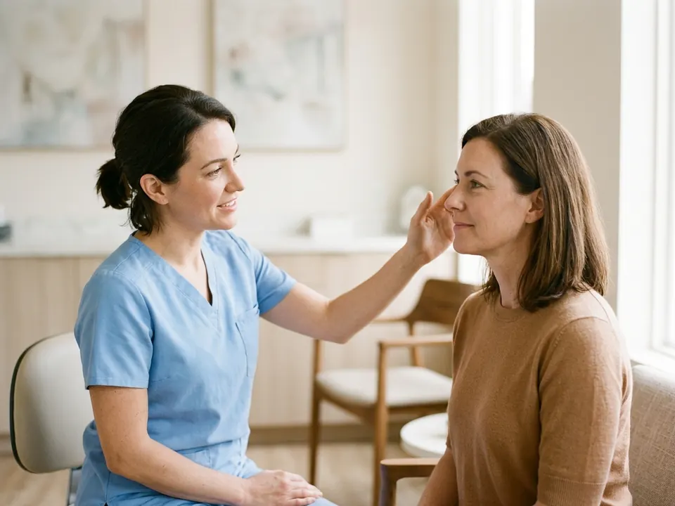 A cosmetic doctor assessing a patient's facial features during a consultation.