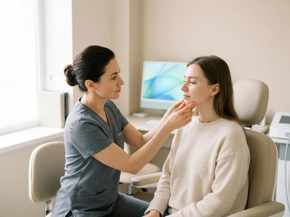 A facial plastic surgeon evaluating a patient's profile in a clinical office.
