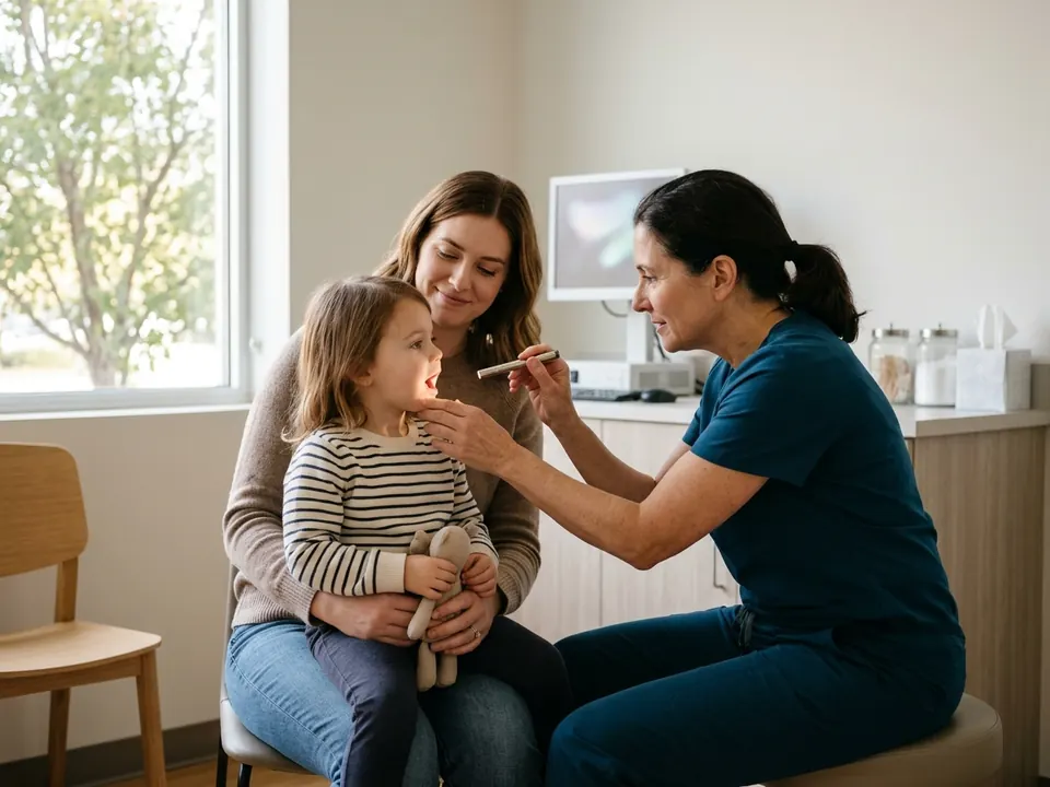 An ENT doctor gently examining a young child's smile with a medical penlight.
