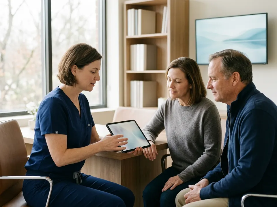 An oncologist showing diagnostic information on a tablet to a couple in an office.