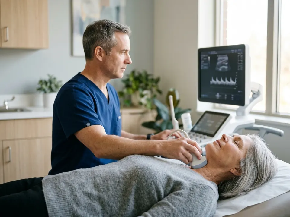 A cardiologist performing a color-duplex ultrasound scan on a patient in a modern room.