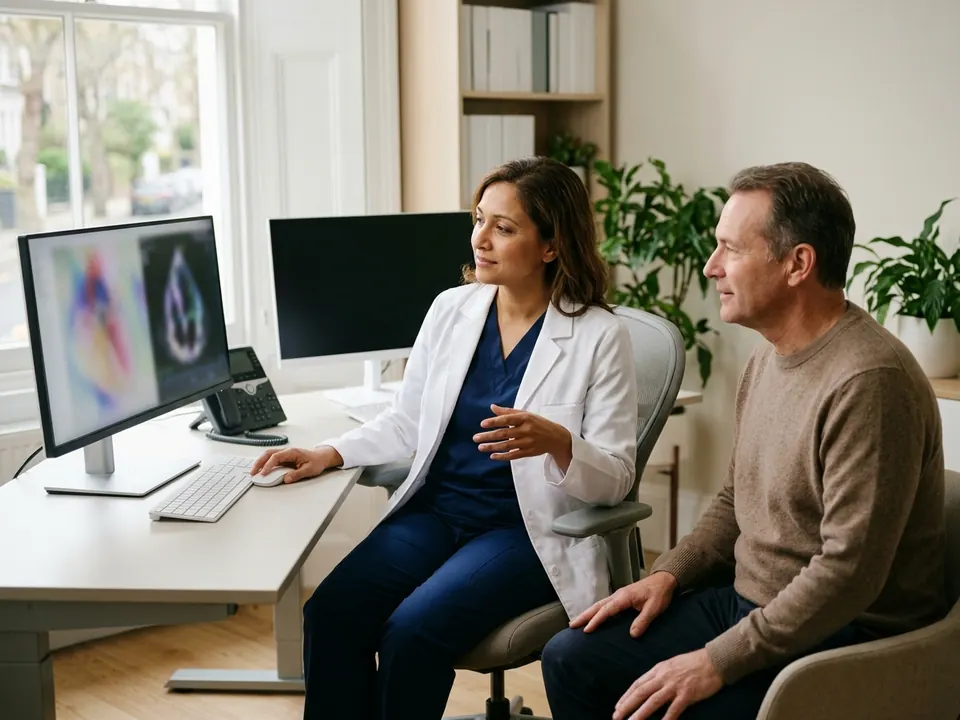 A cardiac specialist reviewing heart imaging screens with a seated patient.