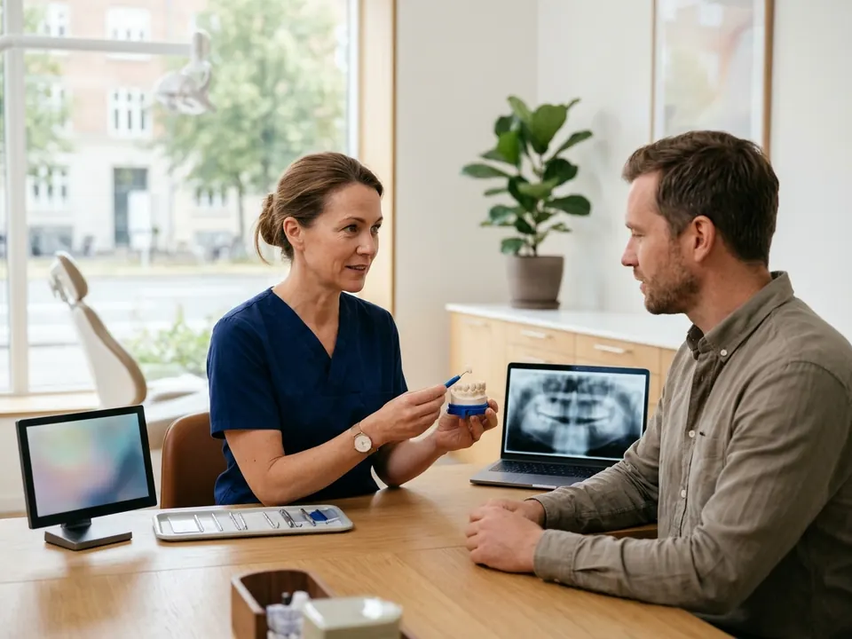 A smiling dentist showing a ceramic crown model to a seated patient in a bright dental office.