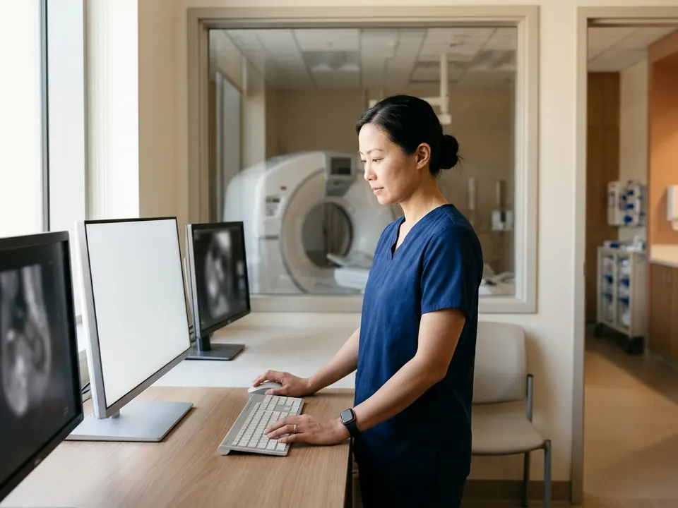 A radiographer standing by modern CT scanner equipment in a clinical imaging suite.