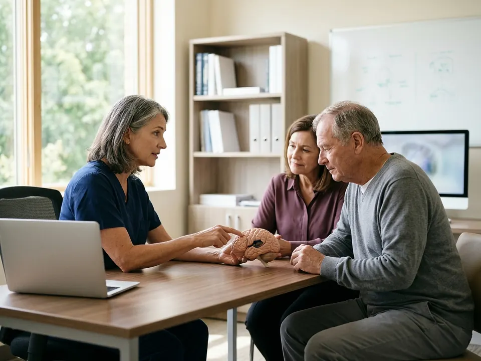 A neurosurgeon discussing deep brain stimulation therapy with a patient.