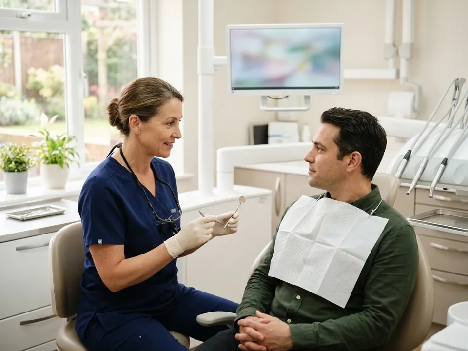 A dentist holding dental tools while speaking with a patient in a modern treatment suite.