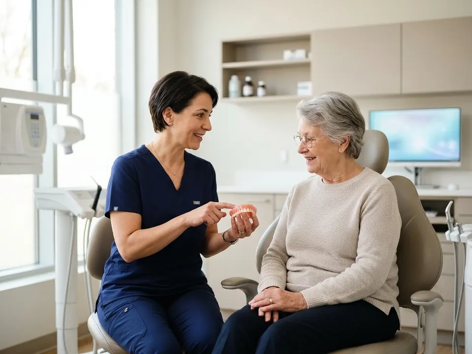 A dentist explaining a set of prosthetic dentures to a senior patient in a brightly lit office.