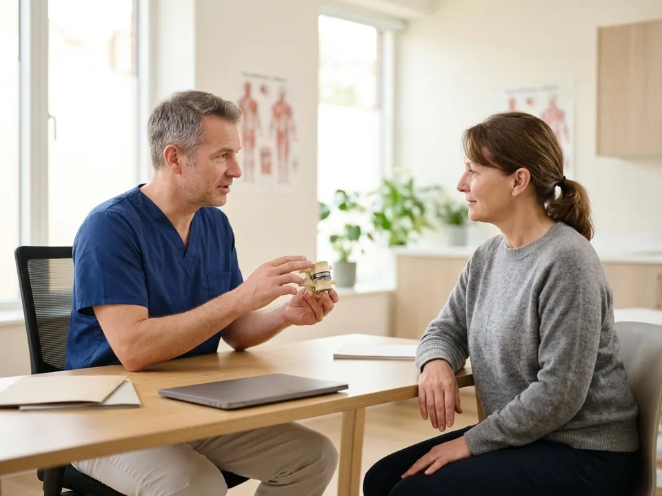 A specialist holding a medical model of an artificial spinal disc with a patient present.