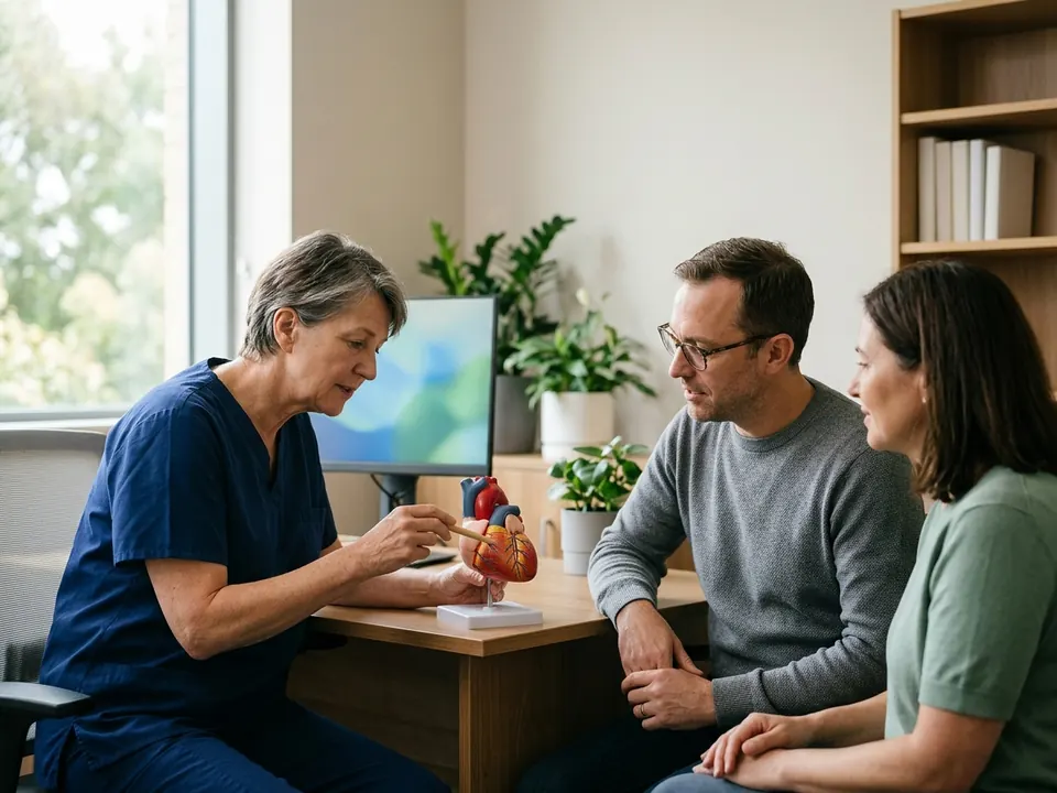 A cardiac surgeon demonstrating a heart model to a patient in a clinic office.
