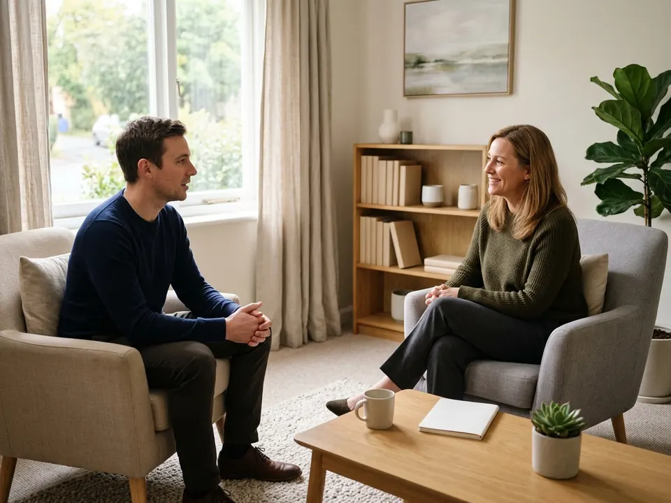 A therapist having an encouraging counseling session with a seated patient in a bright office.