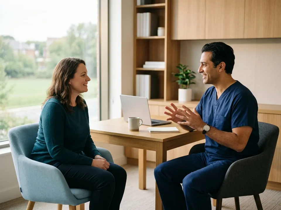 A bariatric doctor consulting with a patient in a bright consultation room.